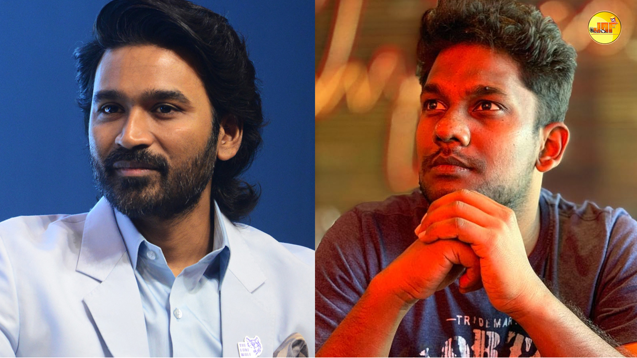 A side-by-side portrait of actor Dhanush on the left and a contemplative young man named Adavendra Reddy on the right, featuring contrasting lighting and expressions.