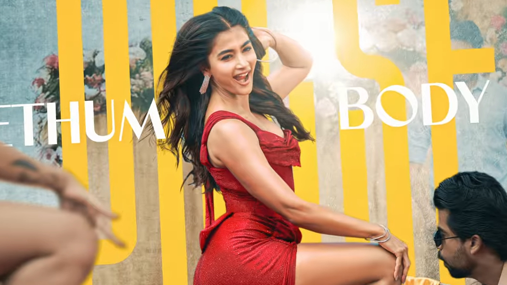 A confident dancer in a striking red outfit poses playfully, showcasing energetic movement and a lively atmosphere with colorful background elements.